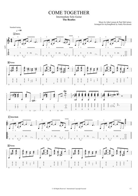 Come Together by The Beatles - Intermediate Solo Guitar Guitar Pro Tab | mySongBook.com