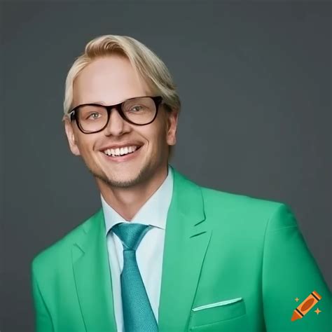 40-year-old man with blonde hair and glasses in a green suit on Craiyon