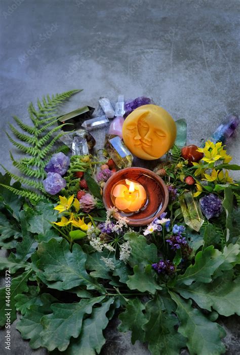 witch altar with candle, gemstones, fern and oak leaves. Wiccan Altar for Summer solstice, Litha ...