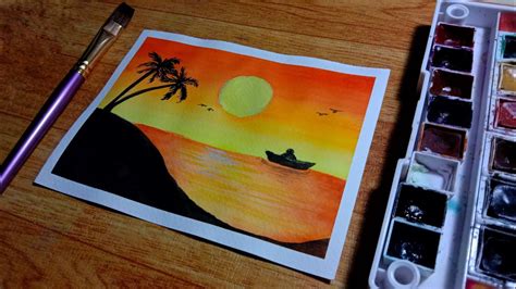 Easy Sunset Scenery Watercolor Painting for Beginners | Simple and Step ...