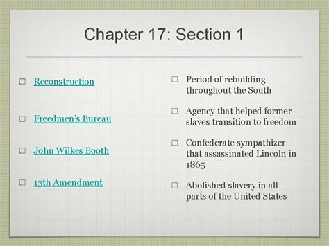 Chapter 17 Reconstruction and Its Aftermath Reconstruction 1865