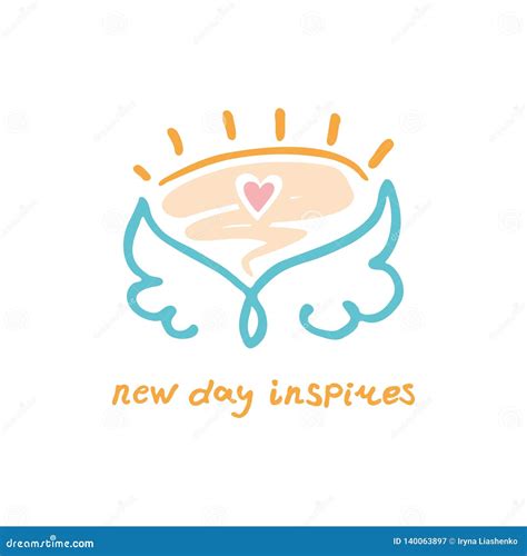 New Day Inspires. Hand Drawn Positive Logo. Line Art Wings and Rising Sun Stock Illustration ...