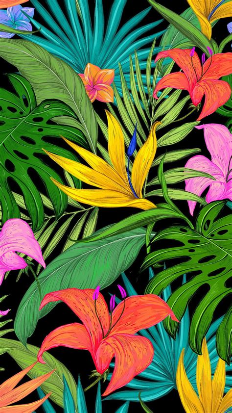 3840x2160px, 4K Free download | pattern, tropical, flowers, leaves, lilies, palm leaves, colored ...