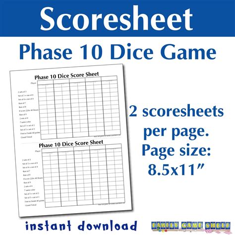 Printable Phase 10 Dice Game Score Sheet - Etsy