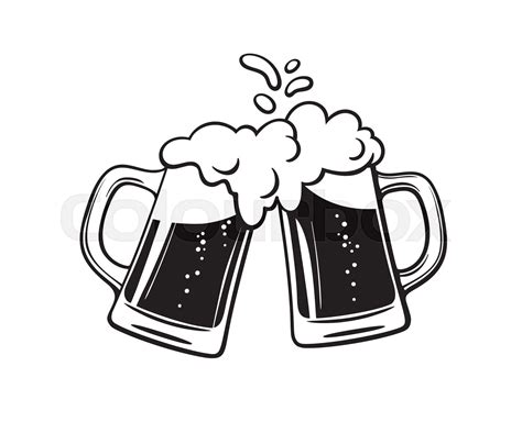 Two toasting beer mugs, Cheers. Clinking glass tankards full of beer and splashed foam. Black ...