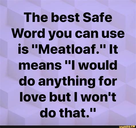 The best Safe Word you can use is "Meatloaf." It means "I would do anything for love but I won't ...