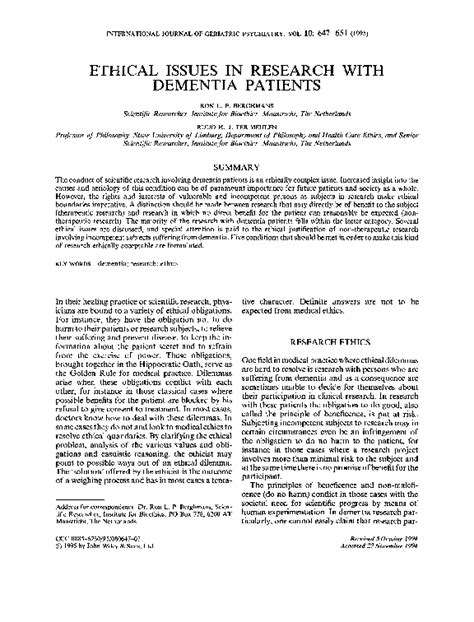 (PDF) Ethical Issues In Research With Dementia Patients