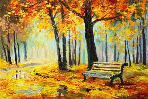 Autumn forest bench painting home decor high quality canvas | Etsy