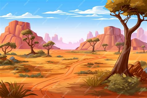 Premium AI Image | Cartoon desert landscape with trees and rocks generative ai