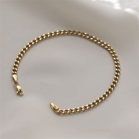 14K Gold 3mm Curb Chain Bracelet, Solid Gold Chain Bracelet, Dainty Chain Bracelet, Cuban Link ...