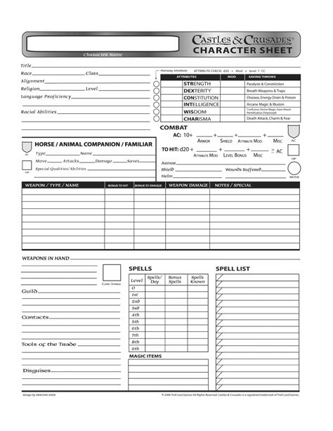 Castles & Crusades Character Sheet Download Printable PDF | Templateroller