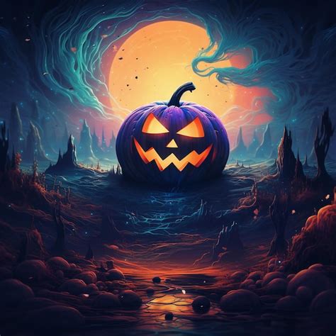 Premium AI Image | Colorful Halloween background with evil purple pumpkin ghost