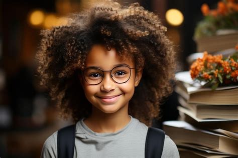 Premium AI Image | Funny smiling Black child school girl with glasses ...