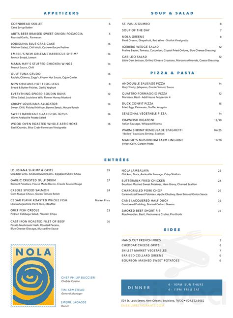 NOLA Restaurant menu in New Orleans, Louisiana, USA