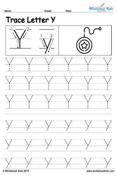 Letter Y alphabet tracing worksheets - Free printable PDF