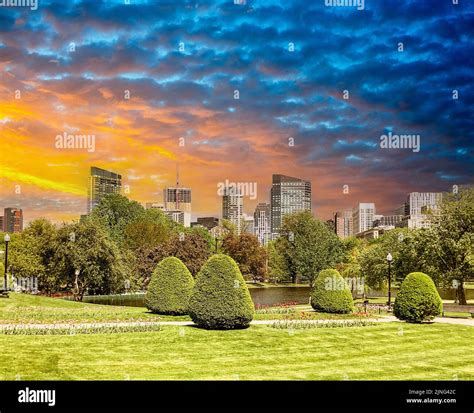 Boston Skyline at Public Garden in Boston, Massachusetts Stock Photo - Alamy