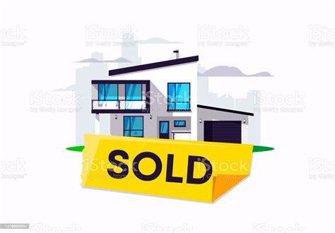 Vector Illustration Of A Suburban Twostorey House With A Yellow Sticker Sold Purchase And ...