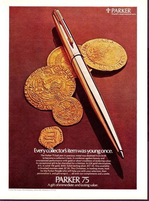 Vintage 1976 Photo Ad for Parker 75 Ball Pen Old Gold Coin young collector items #ParkerPens ...