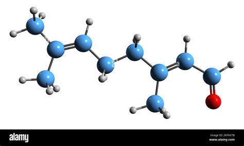 3D image of Geranial skeletal formula - molecular chemical structure of acyclic monoterpene ...