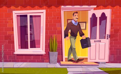 Man leaving home and going to work. Vector cartoon illustration with adult character with ...