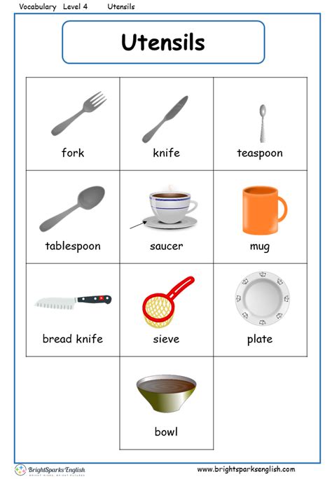 Utensils English Vocabulary Worksheet – English Treasure Trove