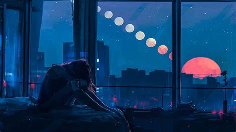 Sadness girl, bedroom, window, night, moon, art HD wallpaper | Pxfuel