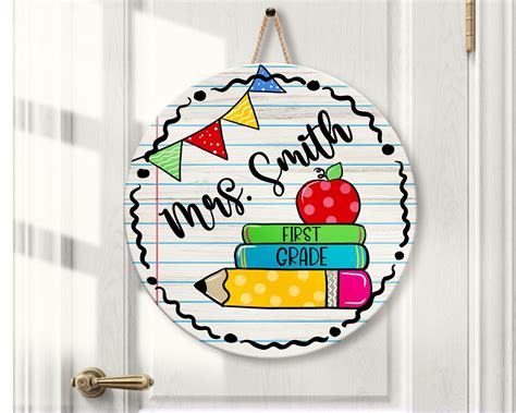 Personalized teacher name sign classroom door hanger first grade teacher gifts pencil apple sign ...