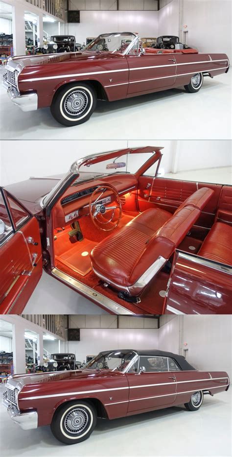 the interior and exterior of an old car in three different pictures, one is red