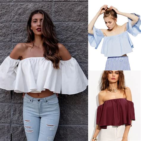 2018 Summer New Style Fashion Stock Women Flare sleeve Tank tops Off shoulder tee shirt Crop Top ...