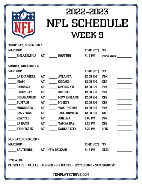 Week 9 Nfl Schedule Printable - Customize and Print