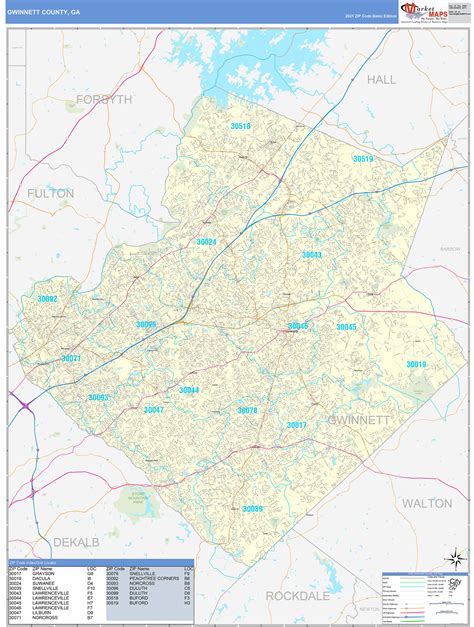 Gwinnett County, GA Zip Code Wall Map Basic Style by MarketMAPS - MapSales