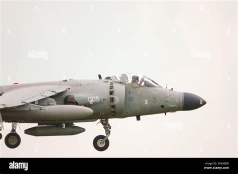 British Aerospace Sea Harrier FA2 fighter jet plane landing at RAF Waddington for the ...