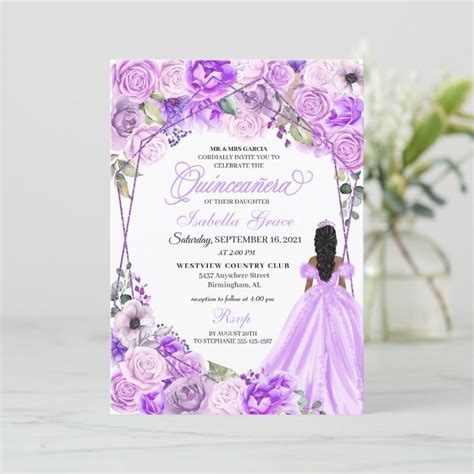 Elegant Lilac Purple Floral Quinceanera Invitation Size: 5" x 7". Gender: unisex. Age Group ...