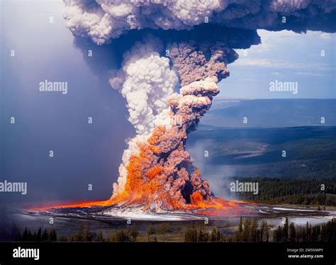 A landscape scene of Yellowstone volcanic eruption raising smoke with foggy sky Stock Photo - Alamy