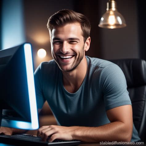 Man Laughing while Using Computer | Stable Diffusion Online
