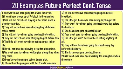 20 Examples of Future Perfect Continuous Tense | Future perfect, Tenses, English grammar pdf