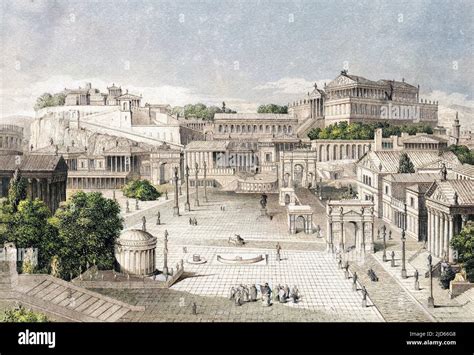 Pictorial reconstruction of the Roman Forum and surroundings, Rome, Italy. Colourised version of ...