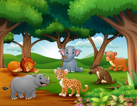 Dibujos animados de animales disfrutando de la naturaleza en la selva. | Vector Premium