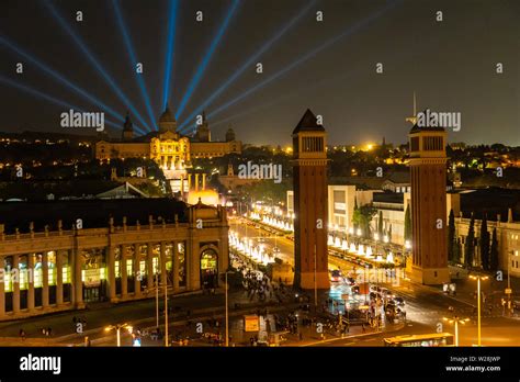 Night view of Plaza de Espana with Venetian towers. Barcelona Stock ...