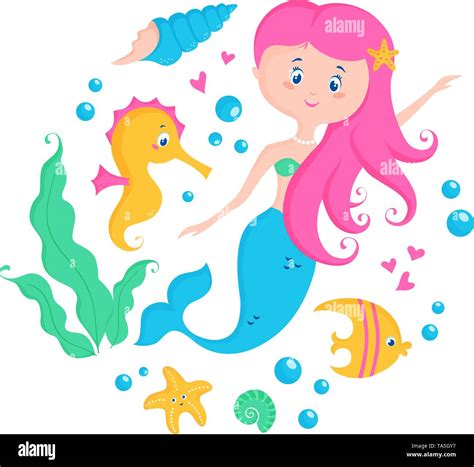 Little mermaid and cute sea animals: seahorse, fish, starfish, shell ...