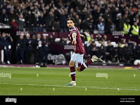 London, UK. 26th Apr, 2023. GOAL. Lucas Paqueta (West Ham) celebrates ...