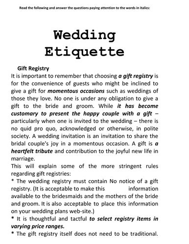 Wedding Etiquette | Teaching Resources