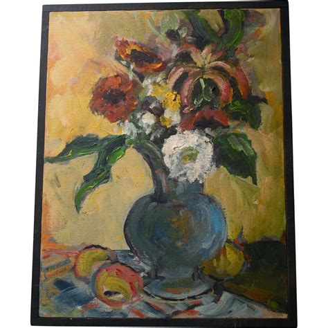 Beautiful Still Life Oil Painting Flowers in Vase with Fruit from stardust-gallery on Ruby Lane