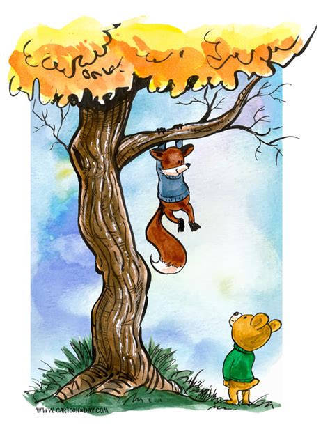 Fox and Bear Climbing a Tree Cartoon