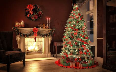 Wallpaper Christmas tree, fireplace, decoration, room 3840x2160 UHD 4K Picture, Image