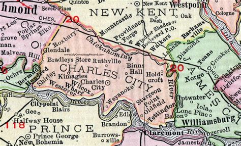 Charles City County, Virginia, Map, 1911, Rand McNally, Ruthville, Kimagies, Bradleys Store ...