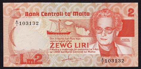 Malta 2 Maltese Lira banknote 1986 Agatha Barbara|World Banknotes & Coins Pictures | Old Money ...