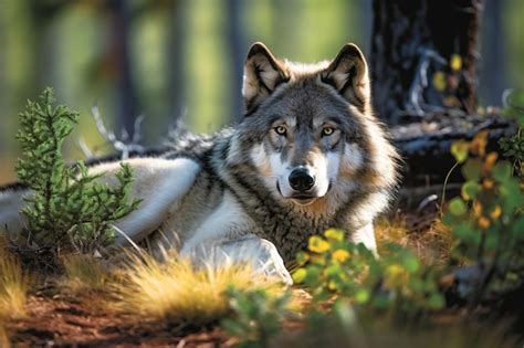 Premium AI Image | A wolf laying in the grass in the woods