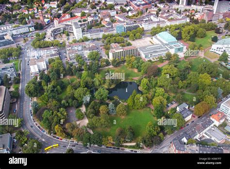 Areal shot of the city of Essen, Germany, city center, downtown area, city park, opera house ...