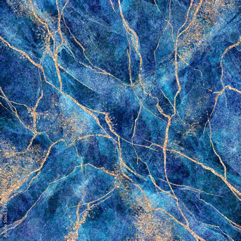 abstract background, blue marble with gold glitter veins, fake stone texture, painted artificial ...
